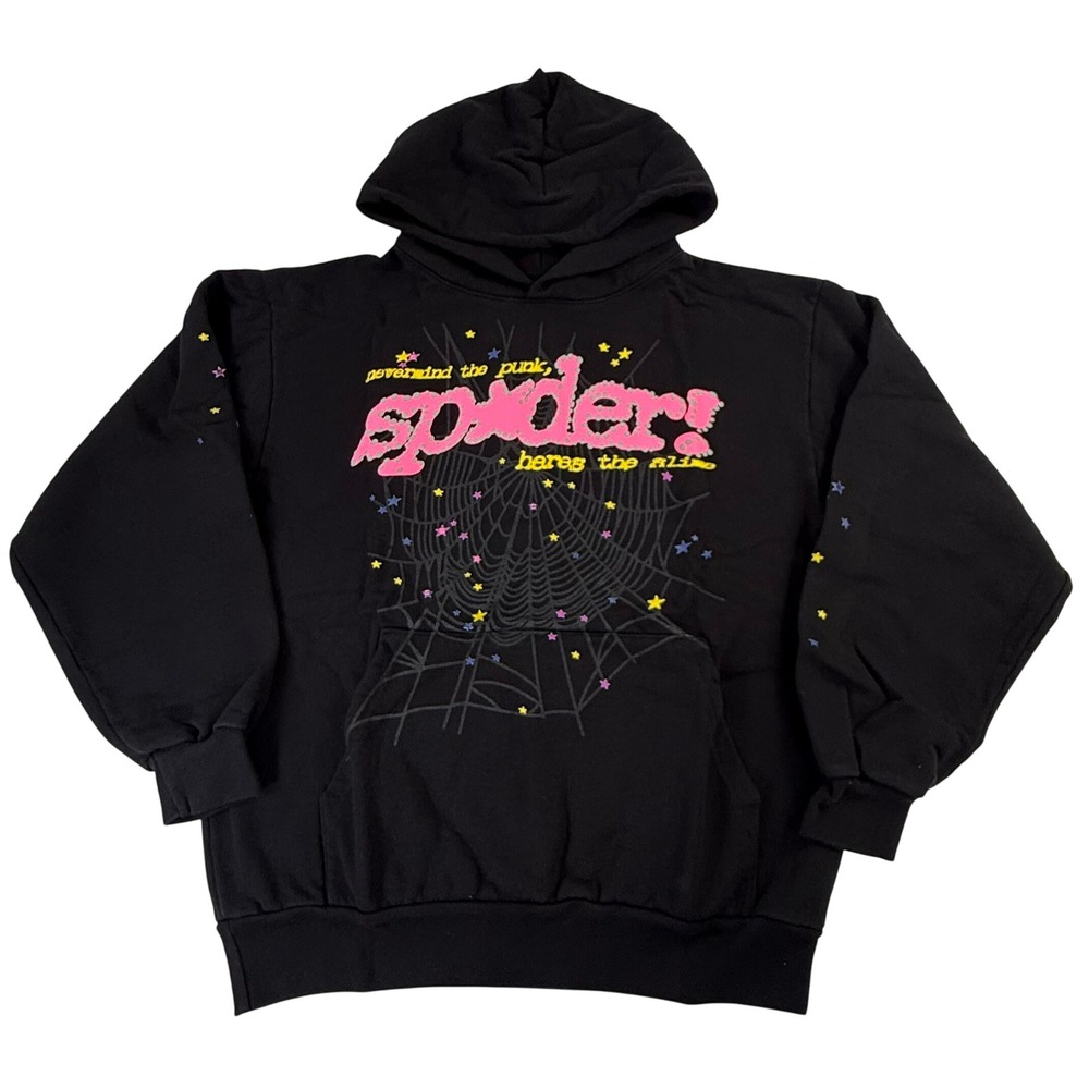 Sp5der Worldwide Nevermind the Punk Hoodie Black Pink Puff Print Large